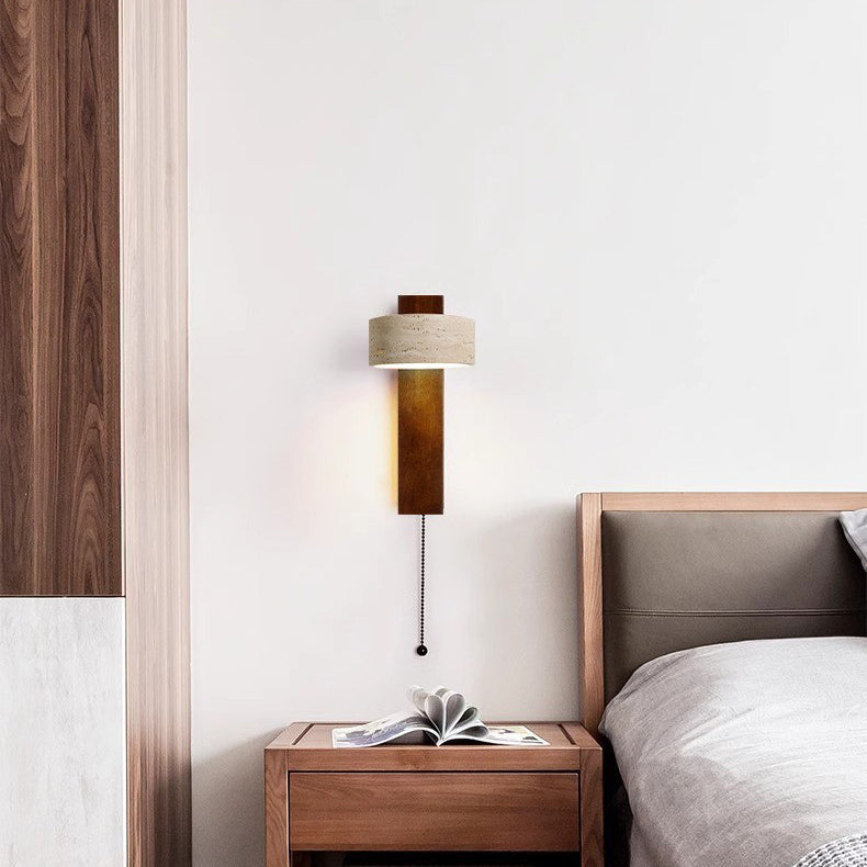 Traditional Japanese Rectangle Round Yellow Travertine Solid Wood 1-Light Wall Sconce Lamp For Bedroom