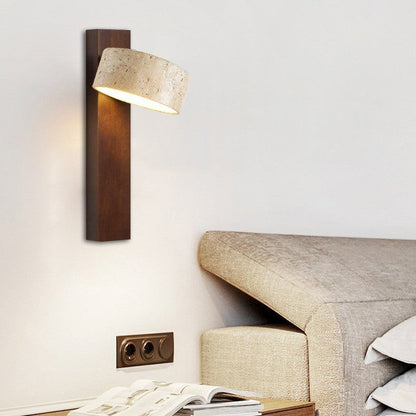 Traditional Japanese Rectangle Round Yellow Travertine Solid Wood 1-Light Wall Sconce Lamp For Bedroom
