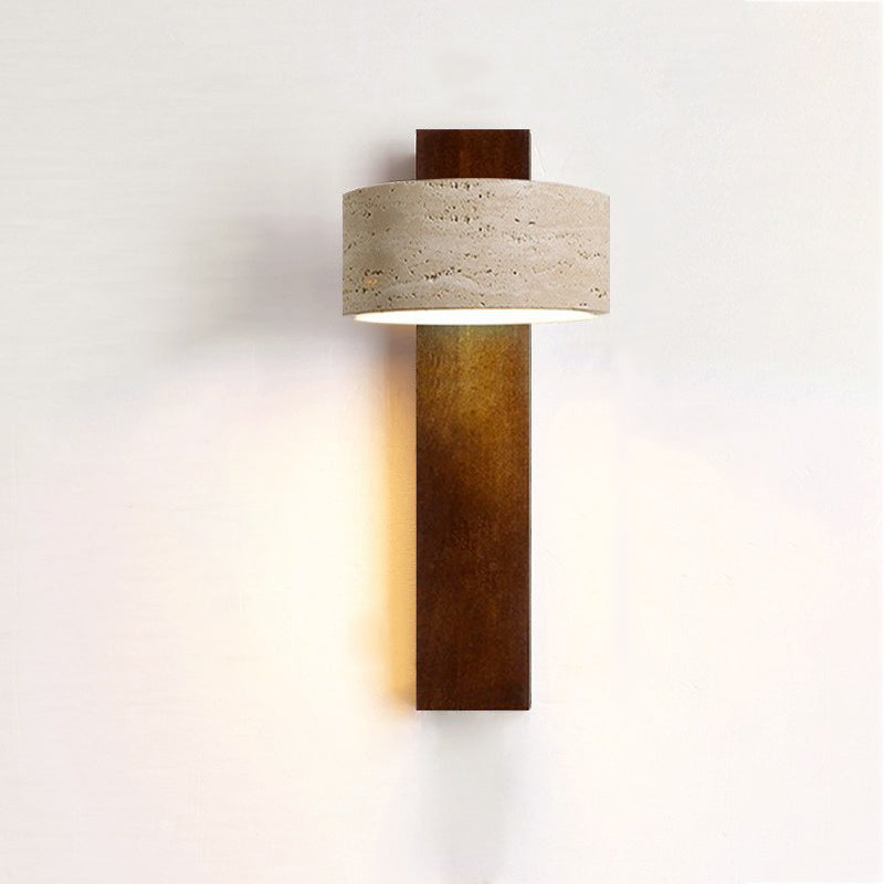 Traditional Japanese Rectangle Round Yellow Travertine Solid Wood 1-Light Wall Sconce Lamp For Bedroom