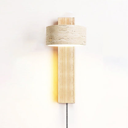 Traditional Japanese Rectangle Round Yellow Travertine Solid Wood 1-Light Wall Sconce Lamp For Bedroom