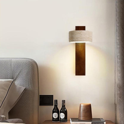 Traditional Japanese Rectangle Round Yellow Travertine Solid Wood 1-Light Wall Sconce Lamp For Bedroom