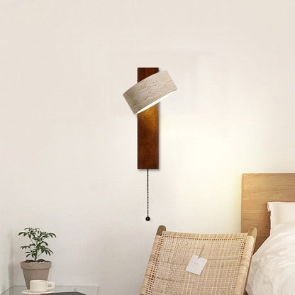 Traditional Japanese Rectangle Round Yellow Travertine Solid Wood 1-Light Wall Sconce Lamp For Bedroom
