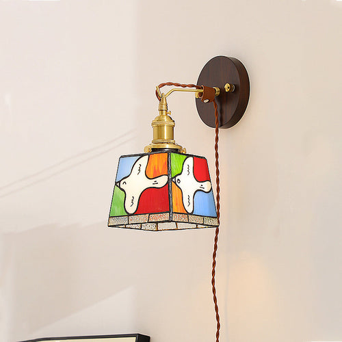 Tiffany Stained Glass Copper Wood 1-Light Wall Sconce Lamp