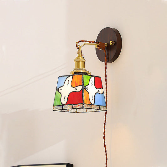Tiffany Stained Glass Copper Wood 1-Light Wall Sconce Lamp