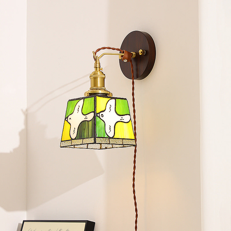 Tiffany Stained Glass Copper Wood 1-Light Wall Sconce Lamp