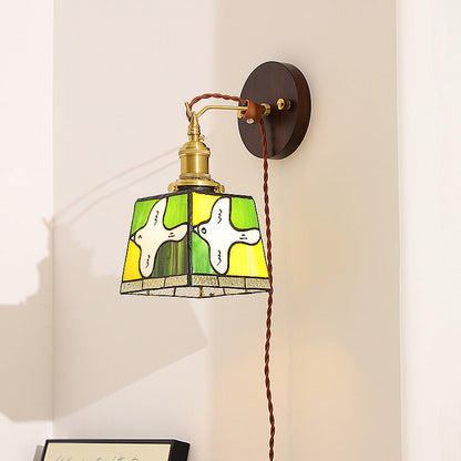Tiffany Stained Glass Copper Wood 1-Light Wall Sconce Lamp