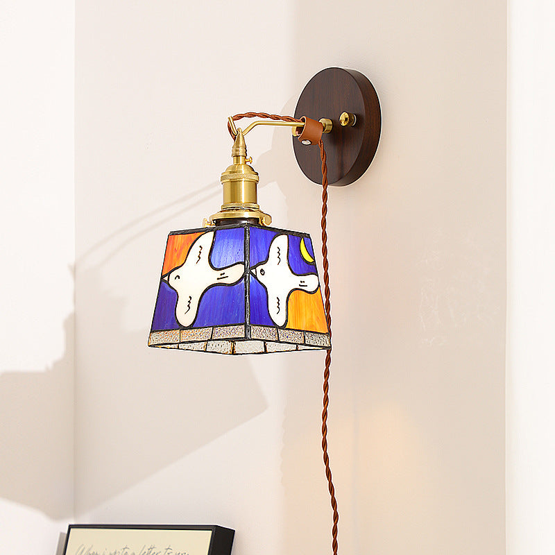 Tiffany Stained Glass Copper Wood 1-Light Wall Sconce Lamp