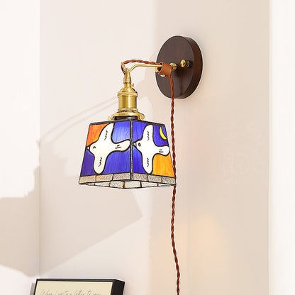 Tiffany Stained Glass Copper Wood 1-Light Wall Sconce Lamp