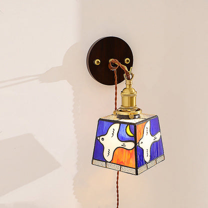 Tiffany Stained Glass Copper Wood 1-Light Wall Sconce Lamp