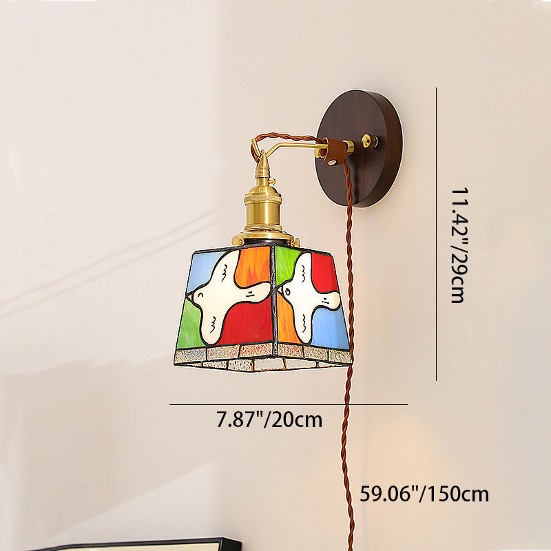 Tiffany Stained Glass Copper Wood 1-Light Wall Sconce Lamp