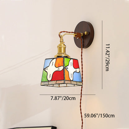 Tiffany Stained Glass Copper Wood 1-Light Wall Sconce Lamp