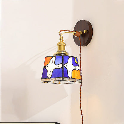 Tiffany Stained Glass Copper Wood 1-Light Wall Sconce Lamp