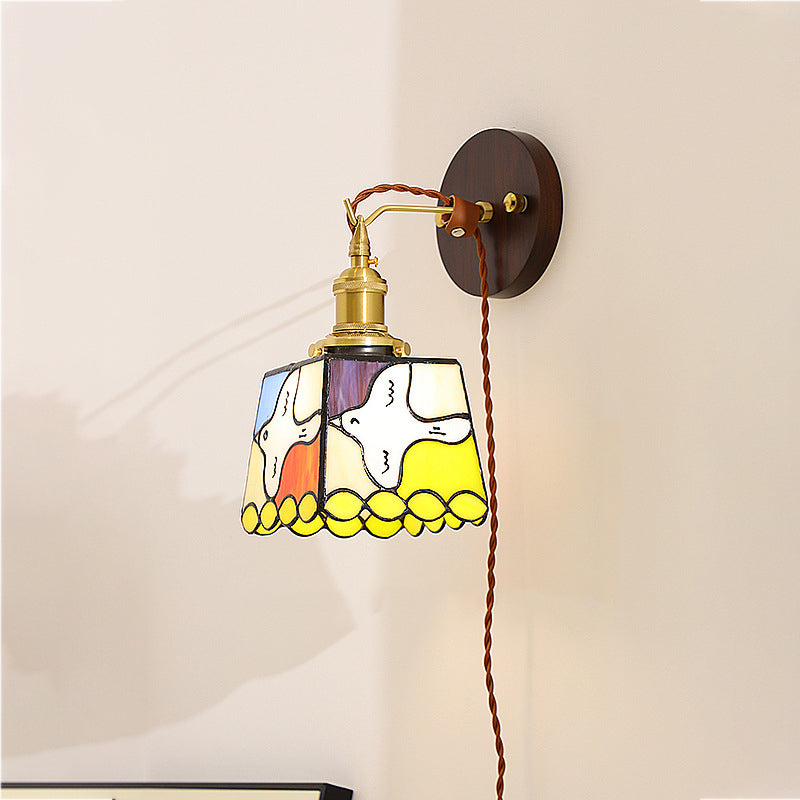 Tiffany Stained Glass Copper Wood 1-Light Wall Sconce Lamp