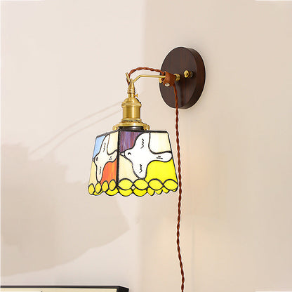 Tiffany Stained Glass Copper Wood 1-Light Wall Sconce Lamp