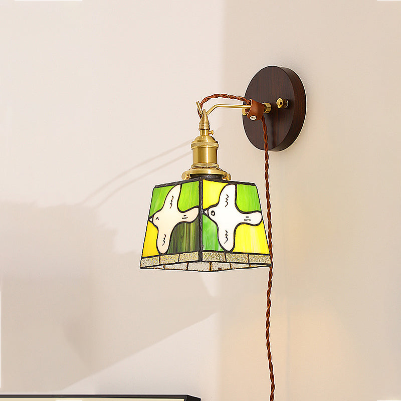 Tiffany Stained Glass Copper Wood 1-Light Wall Sconce Lamp