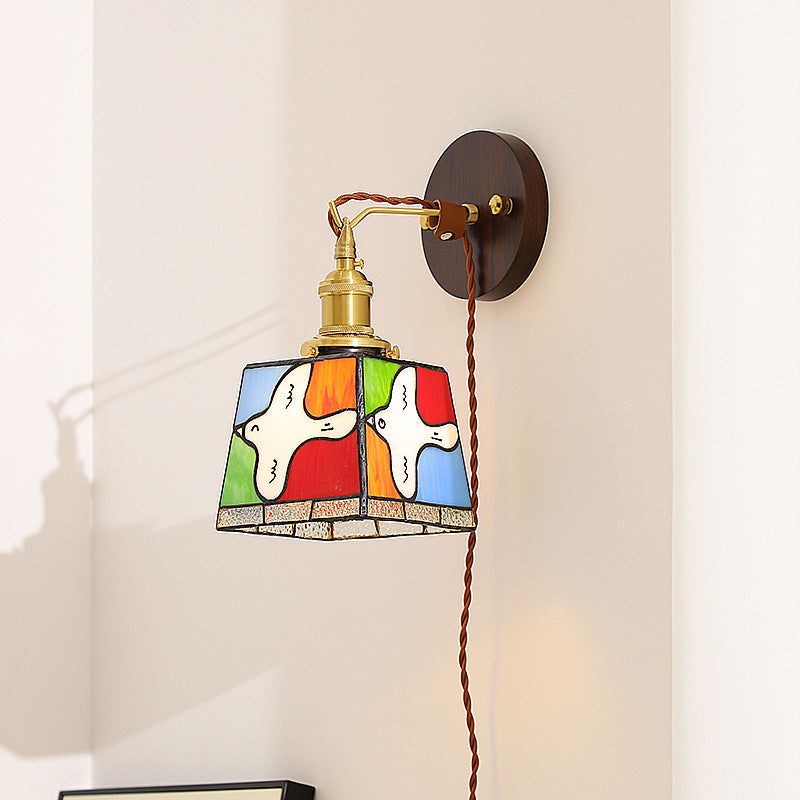 Tiffany Stained Glass Copper Wood 1-Light Wall Sconce Lamp