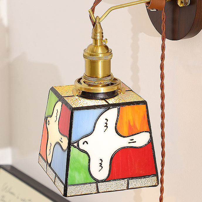 Tiffany Stained Glass Copper Wood 1-Light Wall Sconce Lamp