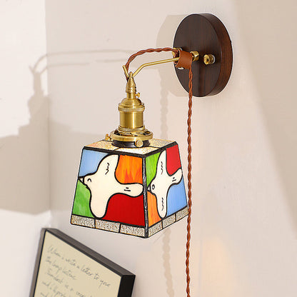 Tiffany Stained Glass Copper Wood 1-Light Wall Sconce Lamp