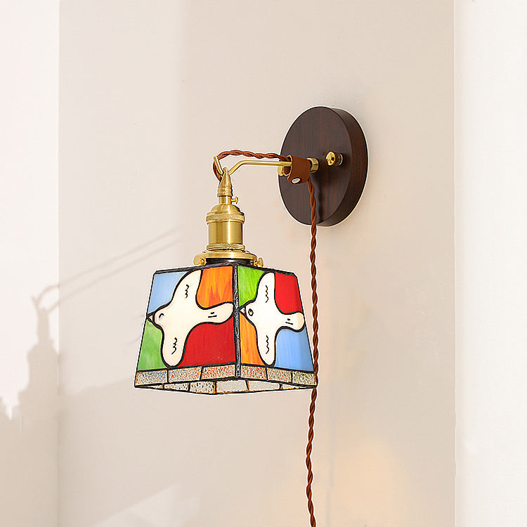 Tiffany Stained Glass Copper Wood 1-Light Wall Sconce Lamp