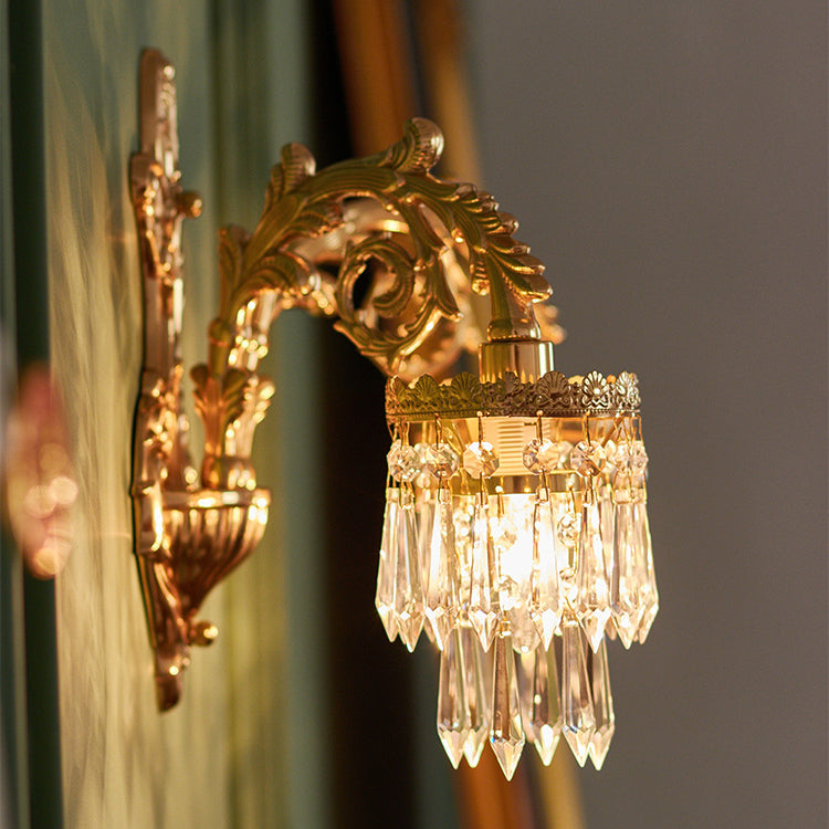 French Brass Frame Crystal Shade 1/2 Light Wall Sconce Lamp