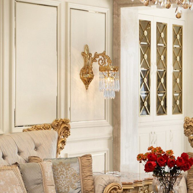 French Brass Frame Crystal Shade 1/2 Light Wall Sconce Lamp