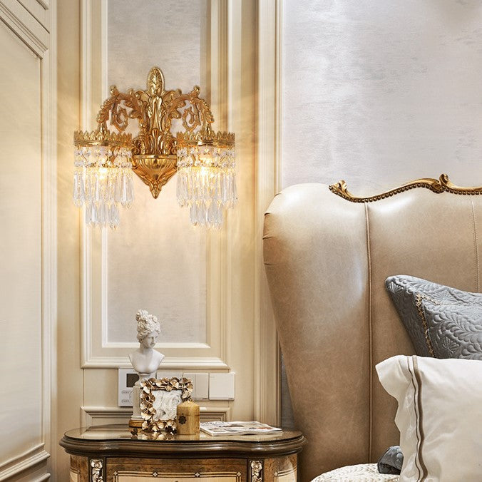French Brass Frame Crystal Shade 1/2 Light Wall Sconce Lamp