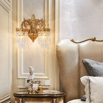 French Brass Frame Crystal Shade 1/2 Light Wall Sconce Lamp