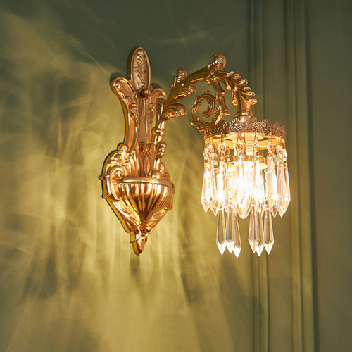 French Brass Frame Crystal Shade 1/2 Light Wall Sconce Lamp
