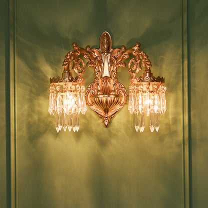 French Brass Frame Crystal Shade 1/2 Light Wall Sconce Lamp