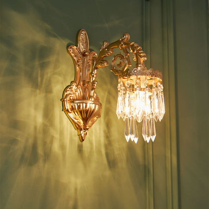 French Brass Frame Crystal Shade 1/2 Light Wall Sconce Lamp