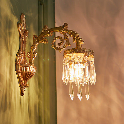 French Brass Frame Crystal Shade 1/2 Light Wall Sconce Lamp