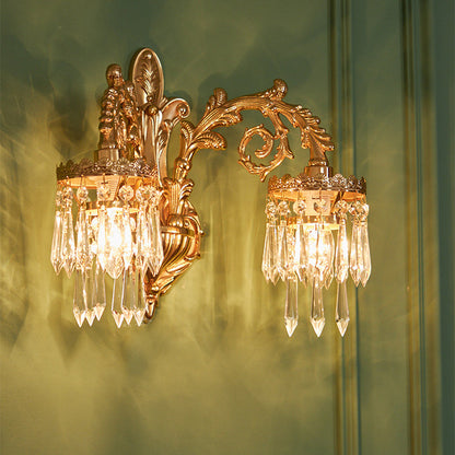 French Brass Frame Crystal Shade 1/2 Light Wall Sconce Lamp
