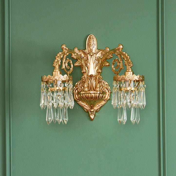 French Brass Frame Crystal Shade 1/2 Light Wall Sconce Lamp