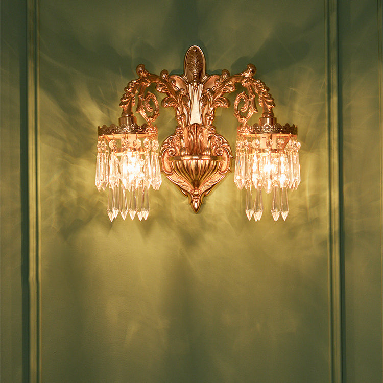 French Brass Frame Crystal Shade 1/2 Light Wall Sconce Lamp