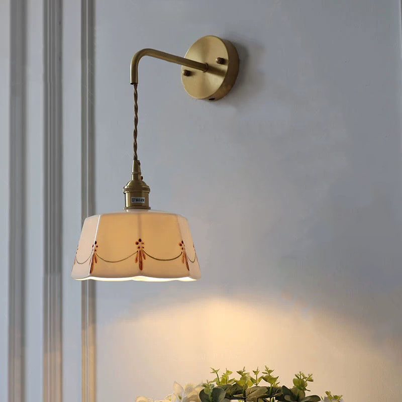 Chinese Ceramic Shade Brass 1-Light Wall Sconce Lamp