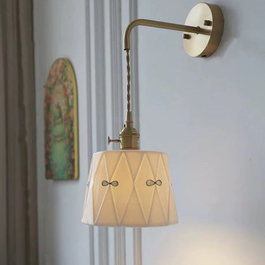 Chinese Print Ceramic Shade Brass 1-Light Wall Sconce Lamp
