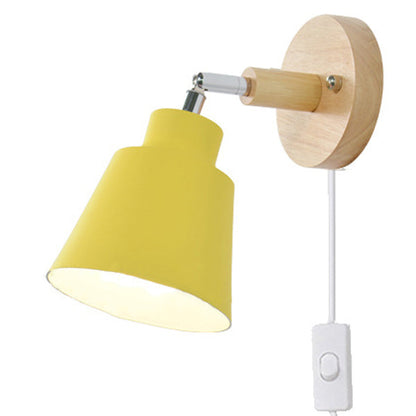Round Horn Shape Iron Shade Wood 1-Light Wall Sconce Lamp