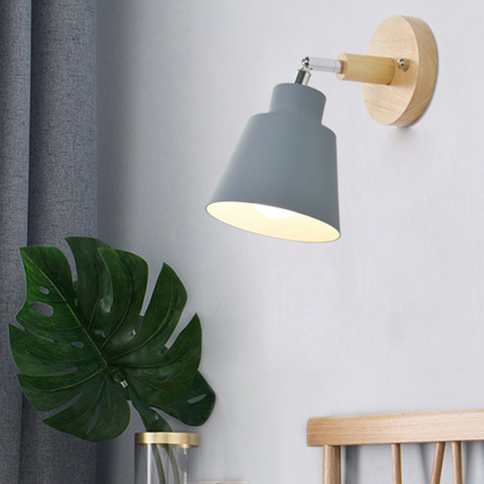 Round Horn Shape Iron Shade Wood 1-Light Wall Sconce Lamp