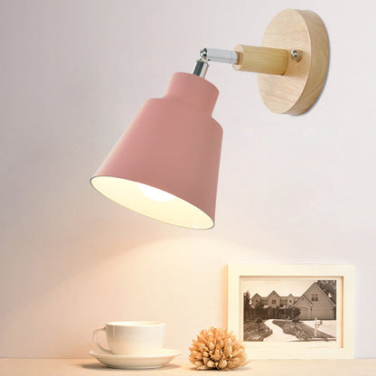 Round Horn Shape Iron Shade Wood 1-Light Wall Sconce Lamp