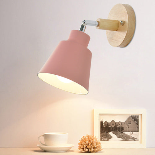Round Horn Shape Iron Shade Wood 1-Light Wall Sconce Lamp