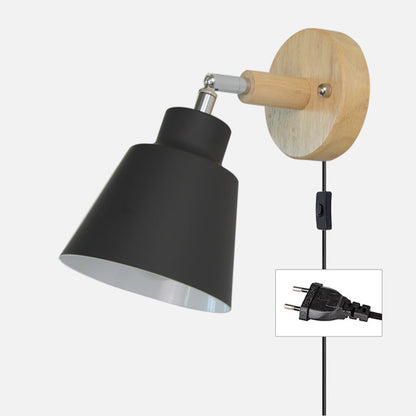 Round Horn Shape Iron Shade Wood 1-Light Wall Sconce Lamp