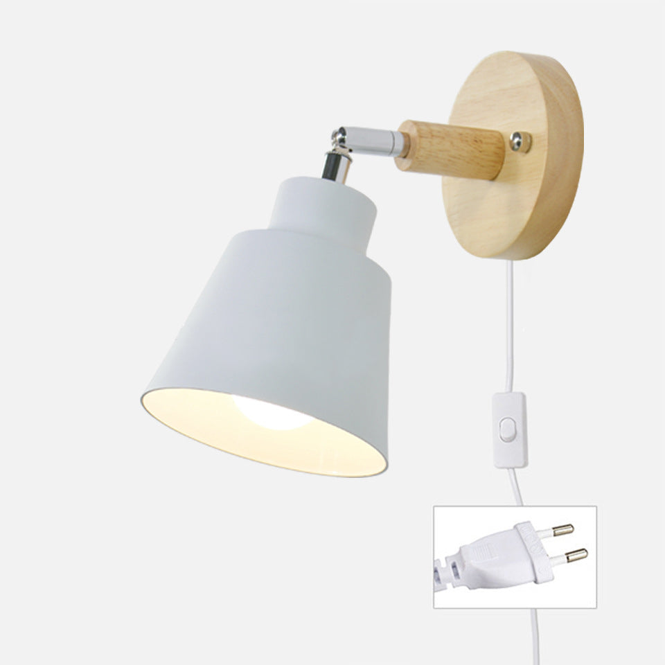 Round Horn Shape Iron Shade Wood 1-Light Wall Sconce Lamp