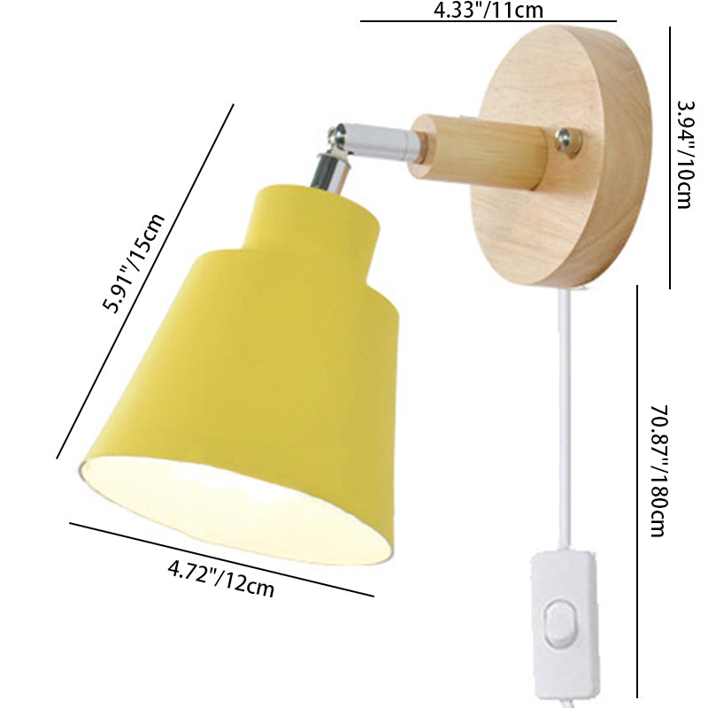 Round Horn Shape Iron Shade Wood 1-Light Wall Sconce Lamp