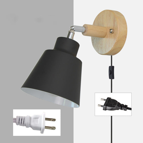 Round Horn Shape Iron Shade Wood 1-Light Wall Sconce Lamp
