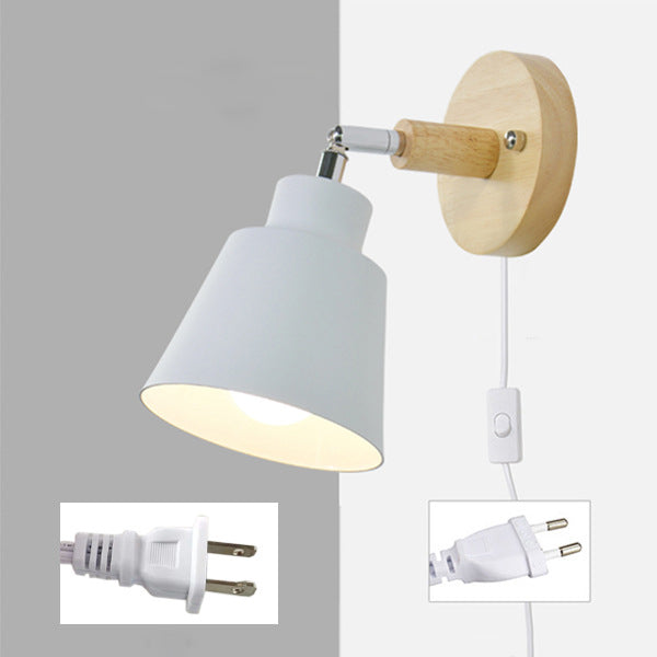 Round Horn Shape Iron Shade Wood 1-Light Wall Sconce Lamp
