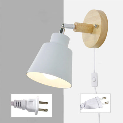 Round Horn Shape Iron Shade Wood 1-Light Wall Sconce Lamp