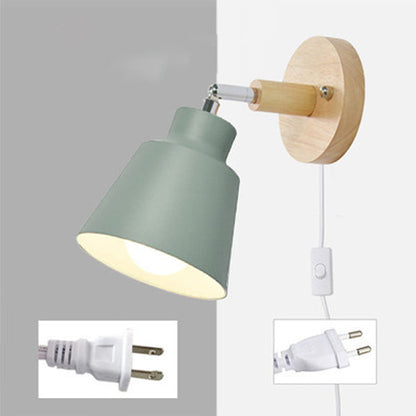 Round Horn Shape Iron Shade Wood 1-Light Wall Sconce Lamp
