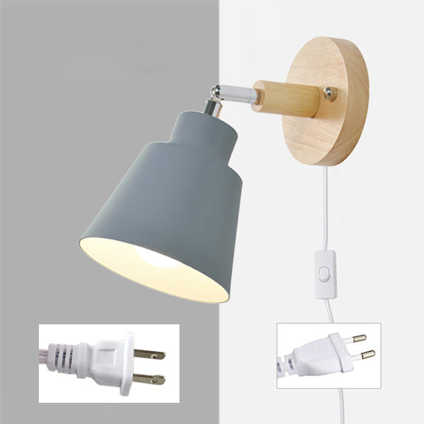 Round Horn Shape Iron Shade Wood 1-Light Wall Sconce Lamp