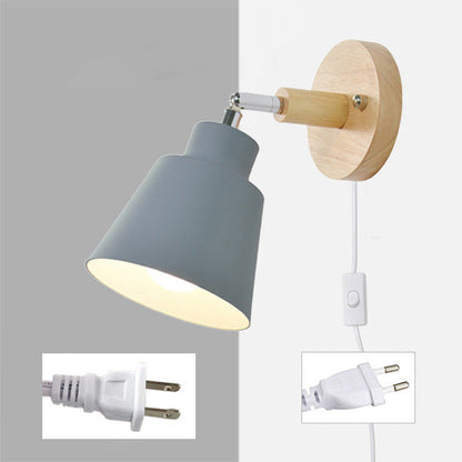Round Horn Shape Iron Shade Wood 1-Light Wall Sconce Lamp