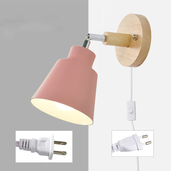 Round Horn Shape Iron Shade Wood 1-Light Wall Sconce Lamp